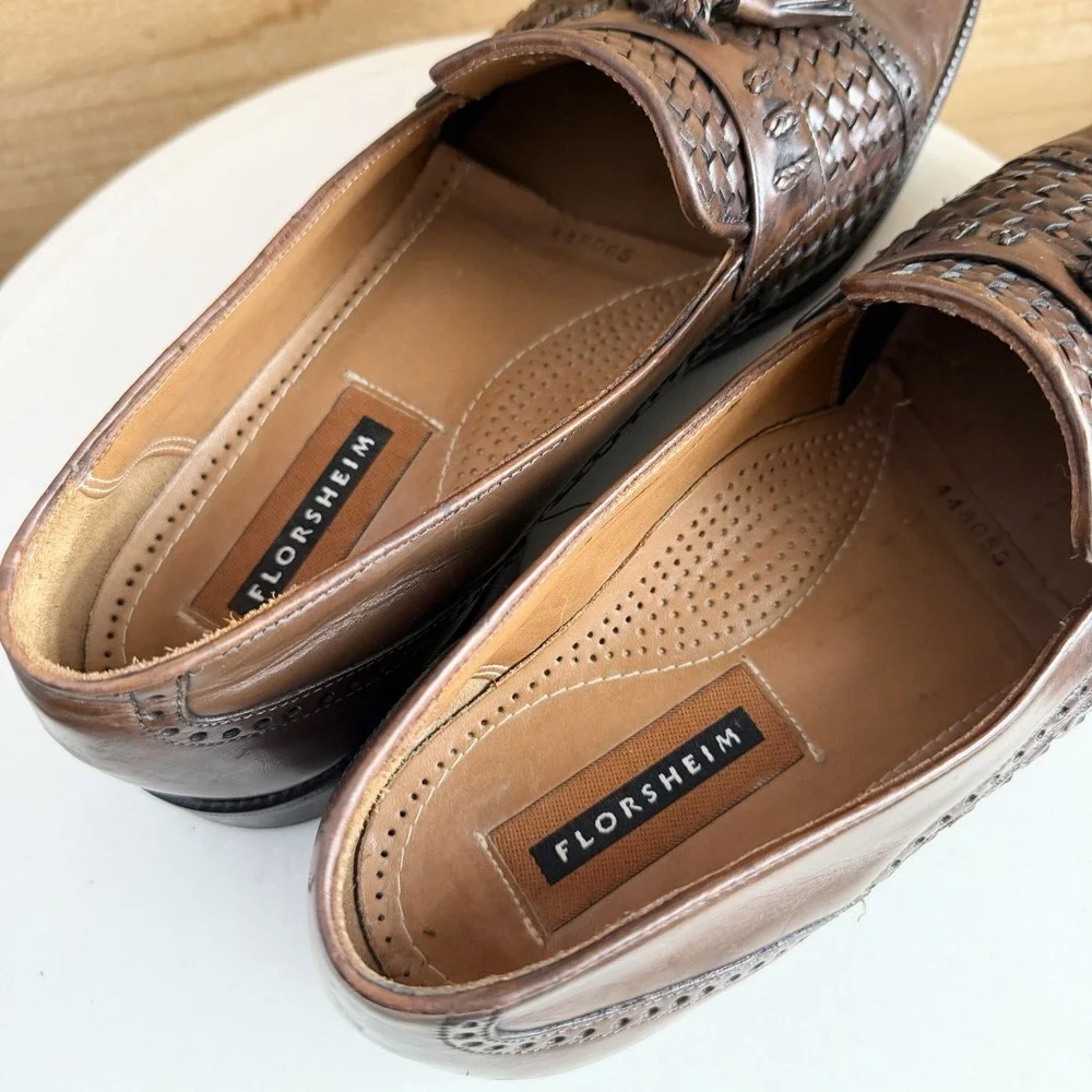 Florsheim Dress Shoes Loafers‎ 9.5D Basket Weave Tassle Brown Luxury Old Money